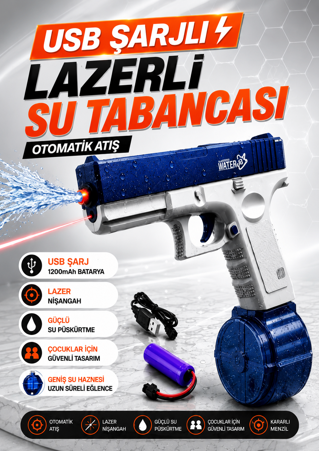 PLAYZYN™ AquaStrike Pro – Elektrikli Otomatik Işıklı Su Tabancası